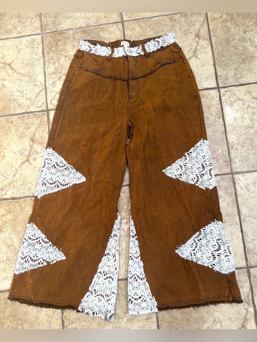 POL Rust Brown Mineral Wash Crochet Lace Patchwork Wide Leg Flare Jeans Boho L